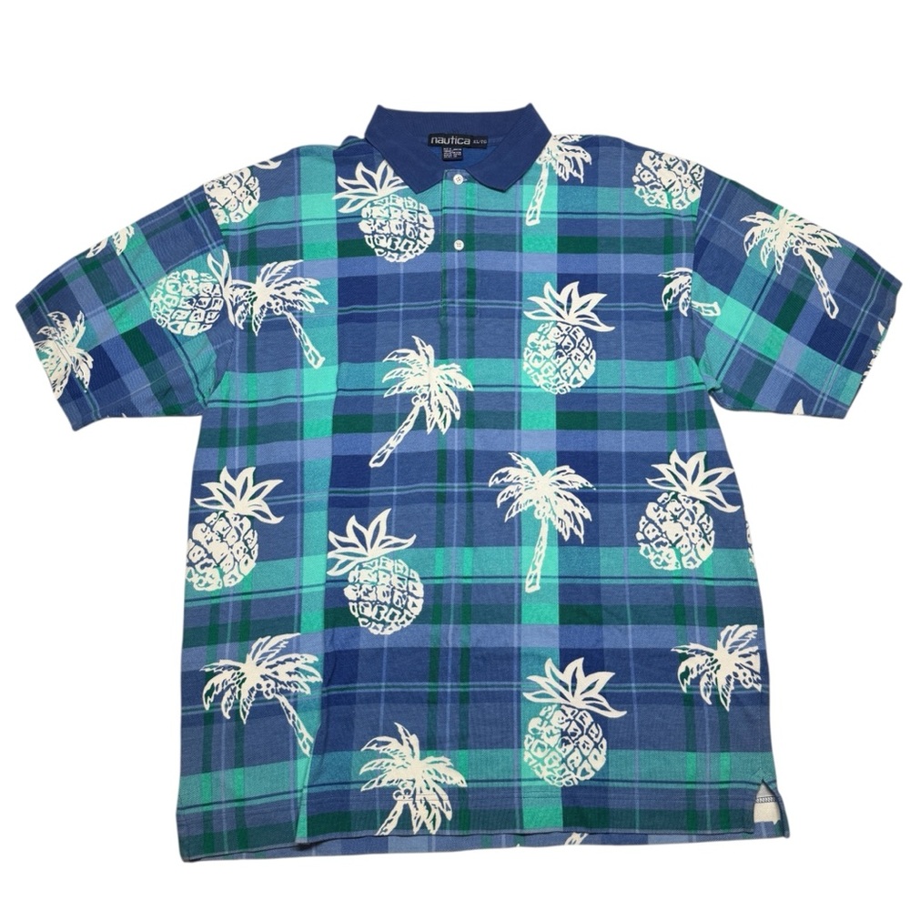 VTG 90s Nautica Polo Shirt Mens XL Pineapple Palm Tree Plaid Tropical Blue AOP